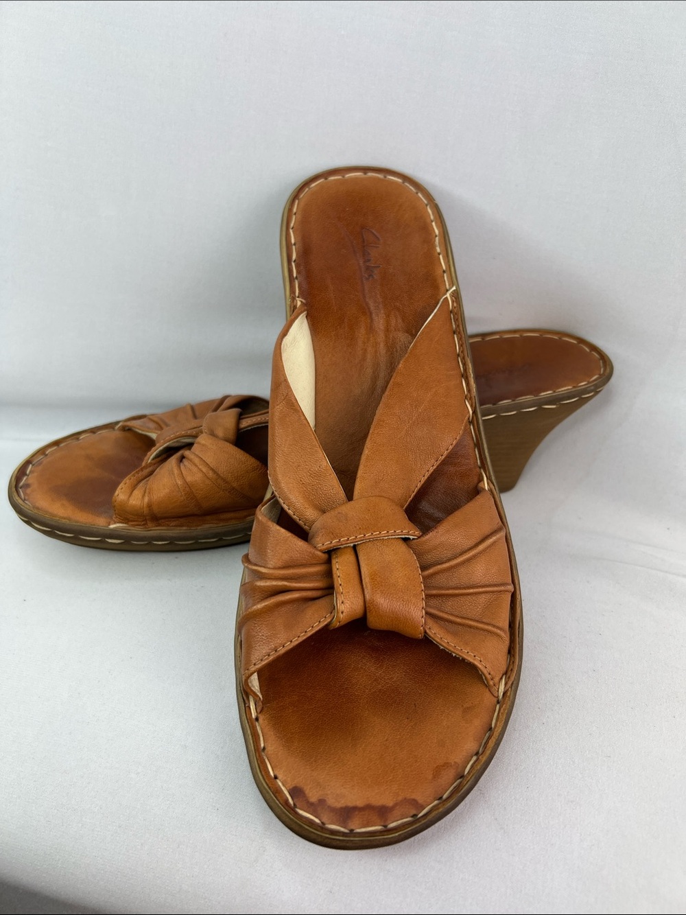 Vintage Clarks Pillar Brown Leather Wedge Slide Sandals - Size 11B